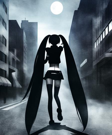 02483-1794699672-solo, styhuke, black rock shooter, 1girl, solo, Nana Gray, long hair, twintails, street, moon, walking down a street.png